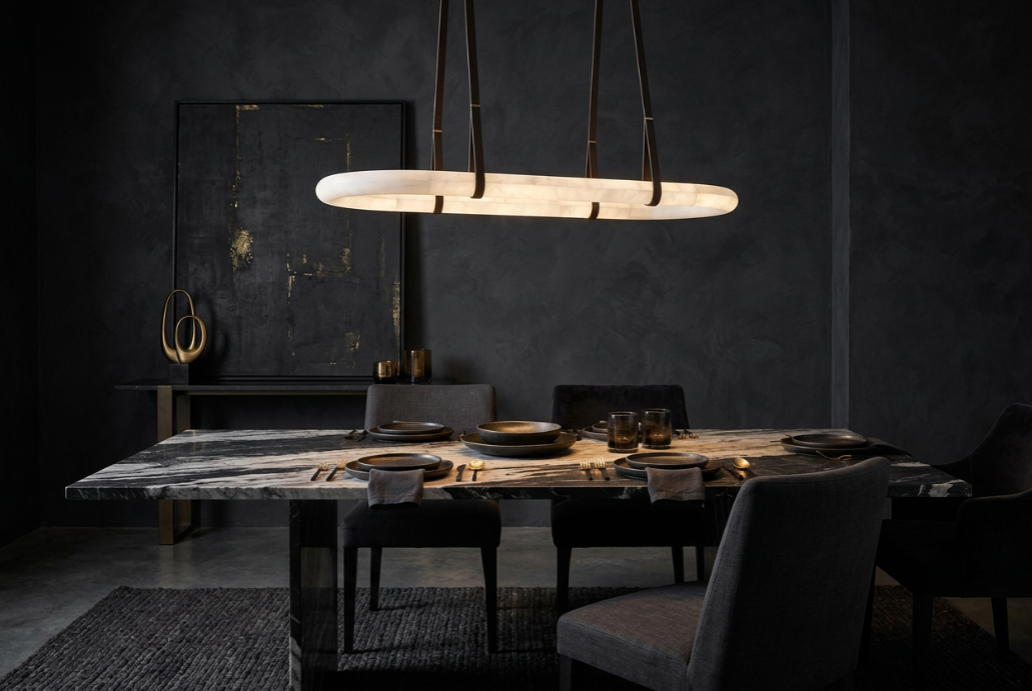 OVALE Alabaster & Leather Oval LED Chandelier