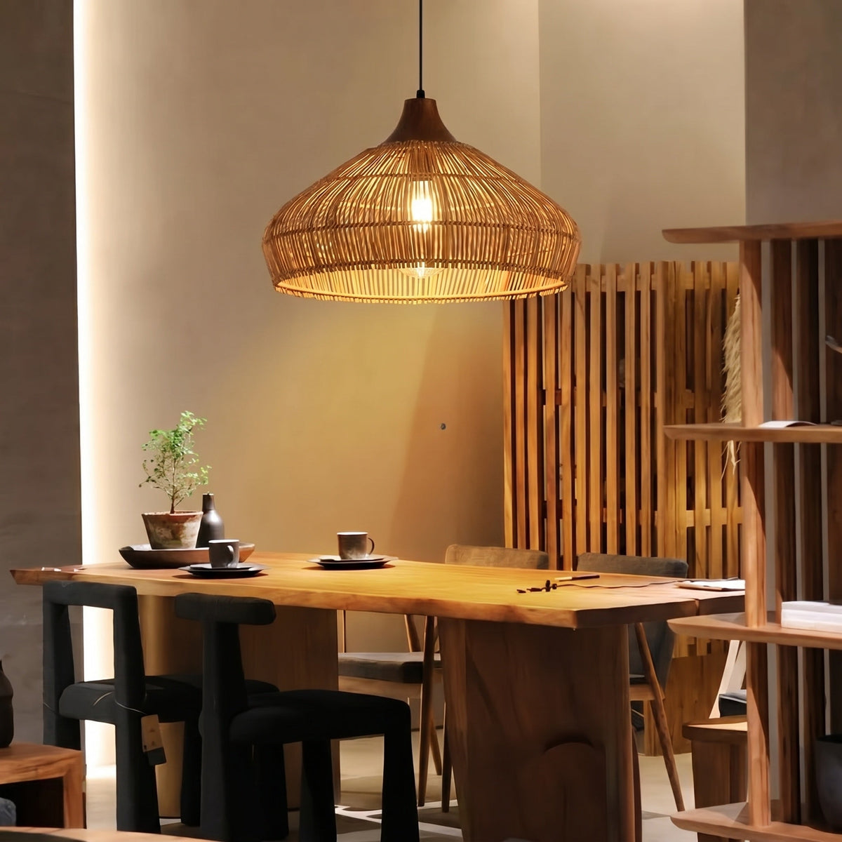Wabi-sabi Retro Rattan Pendant Wicker Light Fixture Hand-Woven Coastal Boho Rayora Lamp