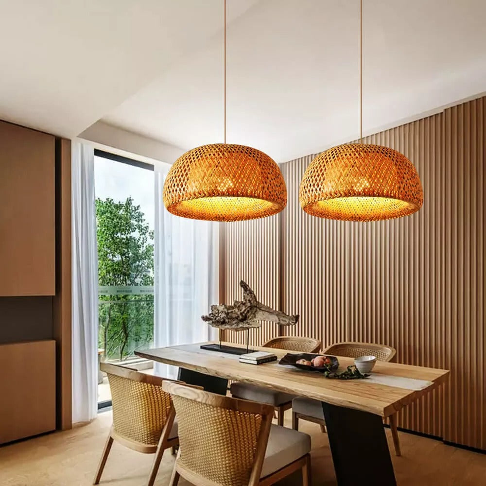 Modern Bamboo Dome Pendant Light - Hand-Woven Wicker Chandelier