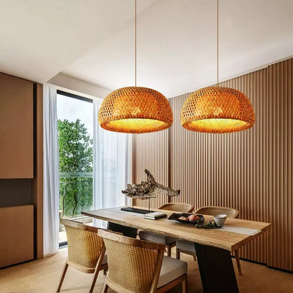 Modern Bamboo Dome Pendant Light - Hand-Woven Wicker Chandelier