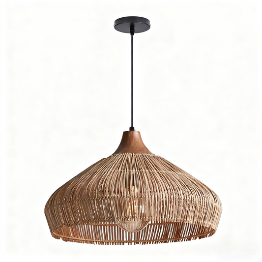Wabi-sabi Retro Rattan Pendant Wicker Light Fixture Hand-Woven Coastal Boho Rayora Lamp