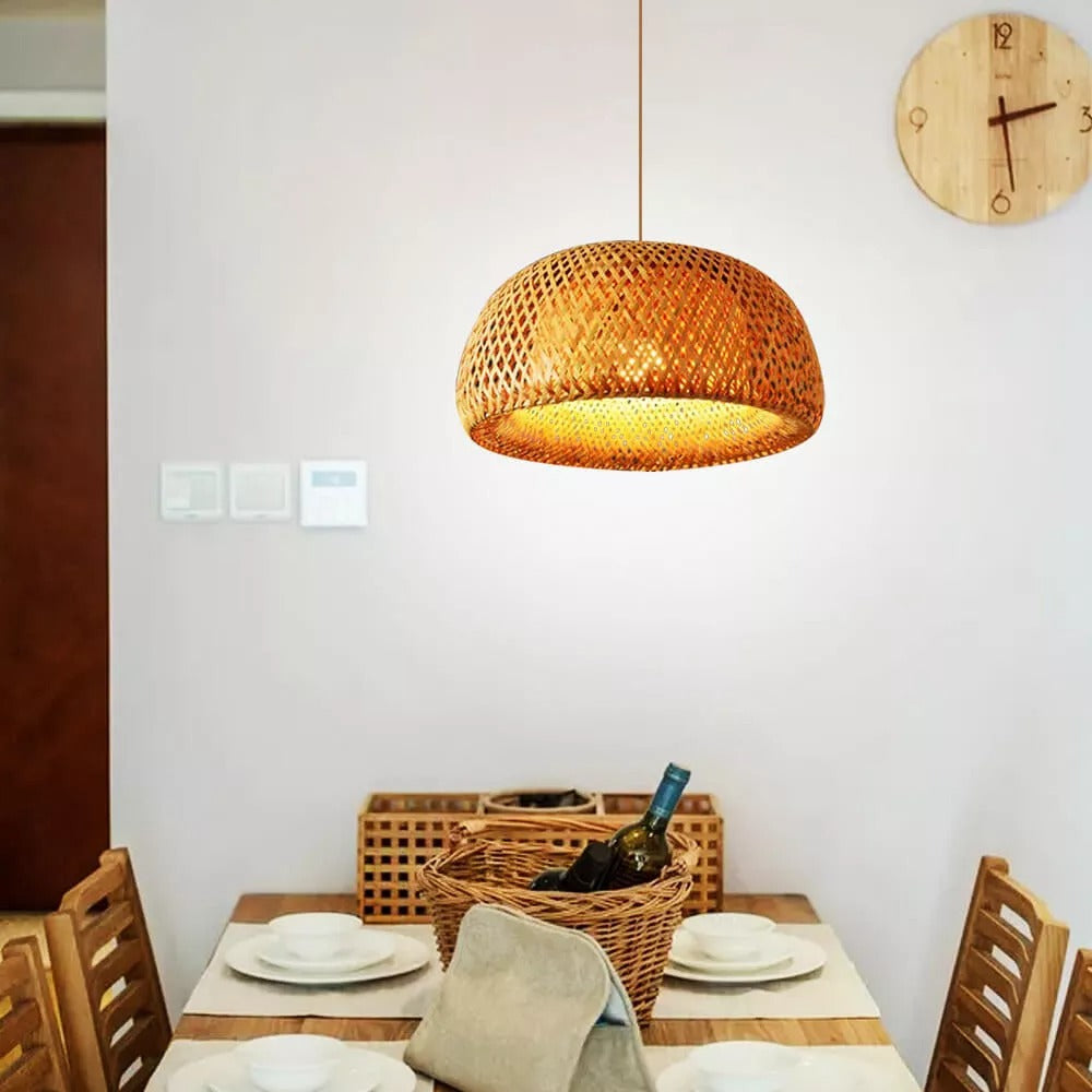 Modern Bamboo Dome Pendant Light - Hand-Woven Wicker Chandelier