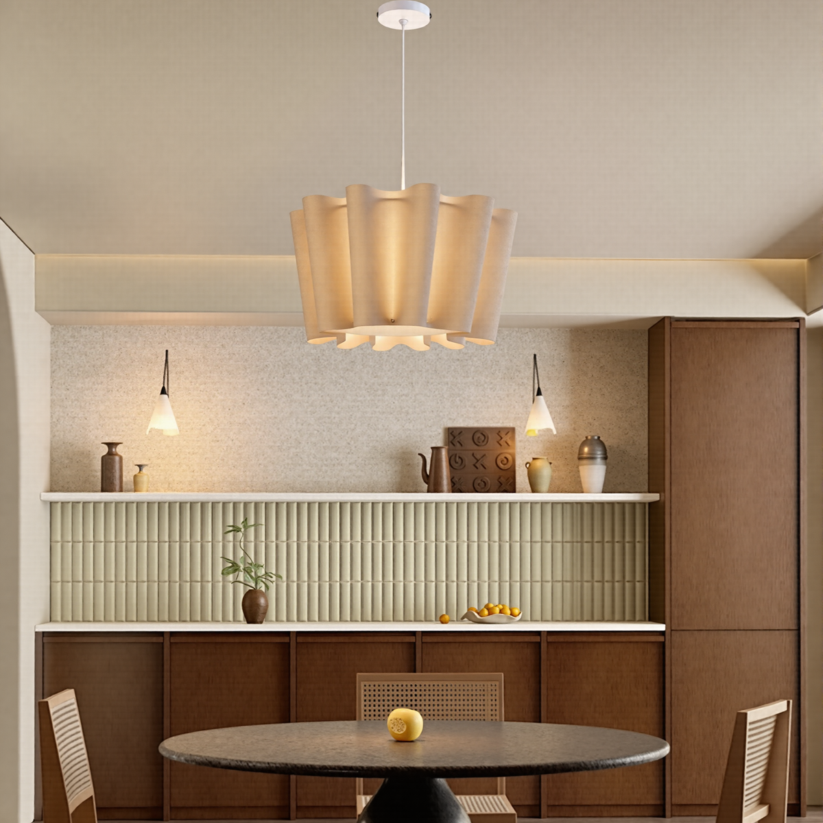 Modern Wavy Linen Drum Pendant Light - Nordic Ruffled Fabric Chandelier