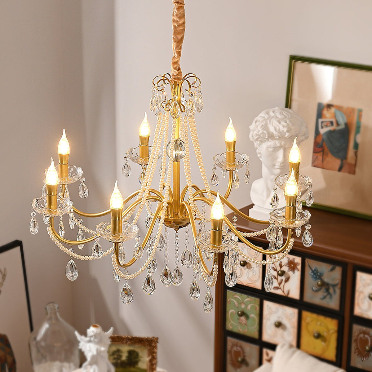 SPLENDORE Gold Crystal Pearl Chandelier
