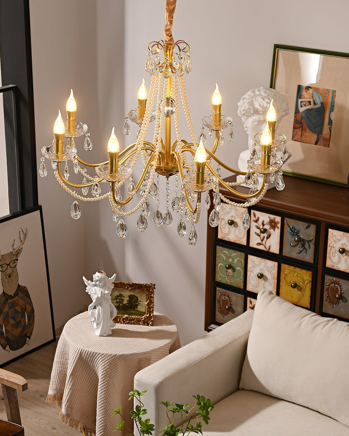 SPLENDORE Gold Crystal Pearl Chandelier