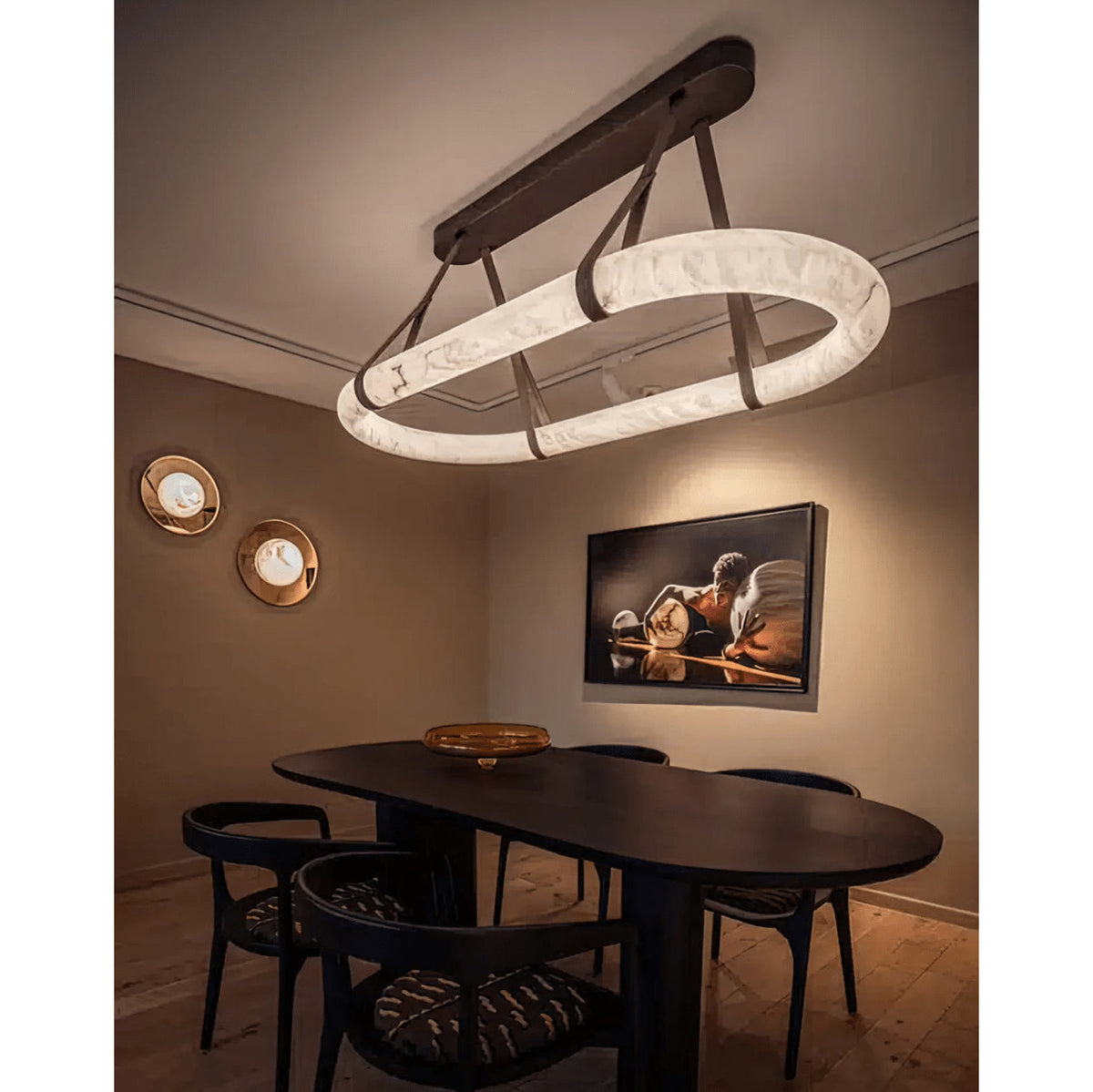CUOIO Alabaster & Leather LED Linear Chandelier