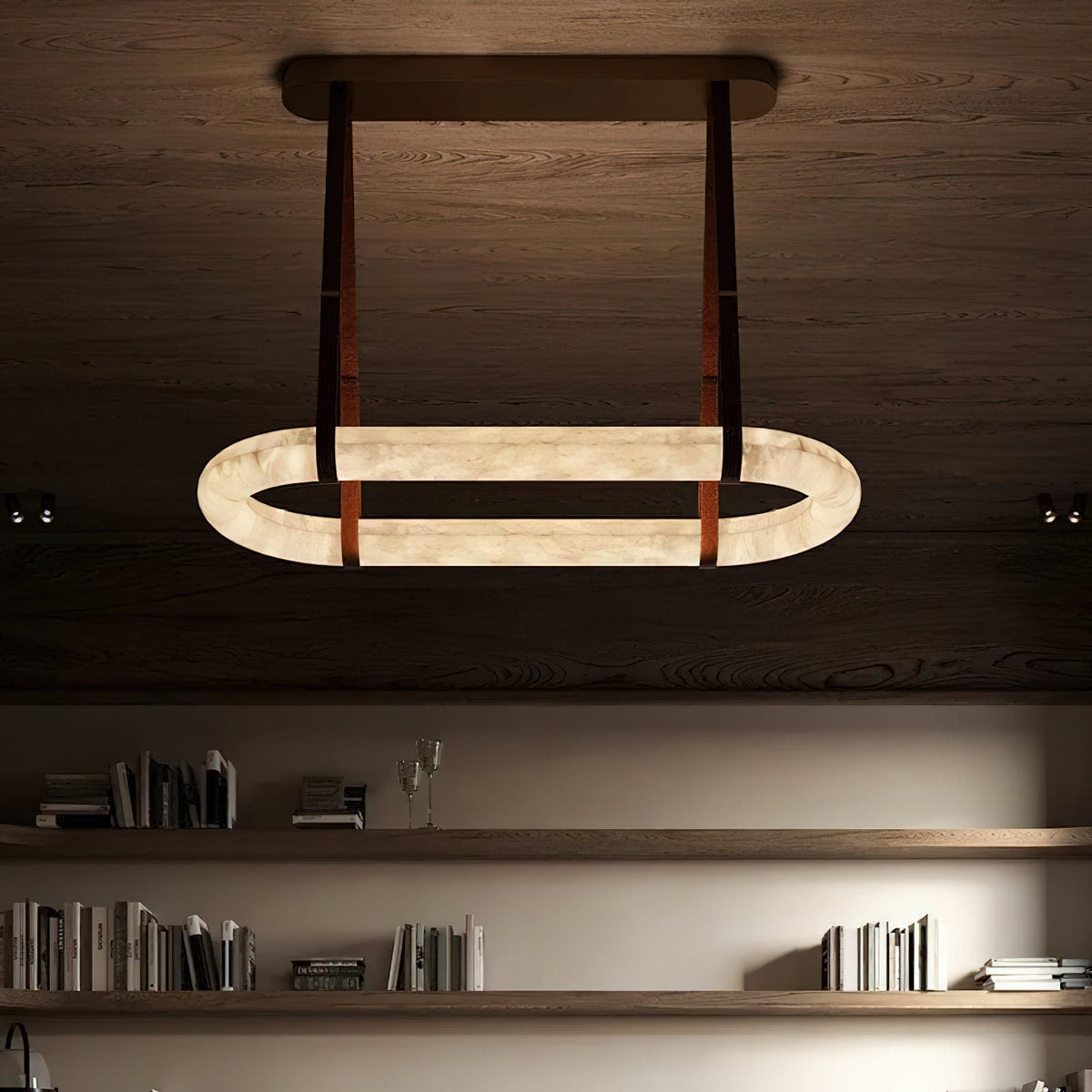 CUOIO Alabaster & Leather LED Linear Chandelier