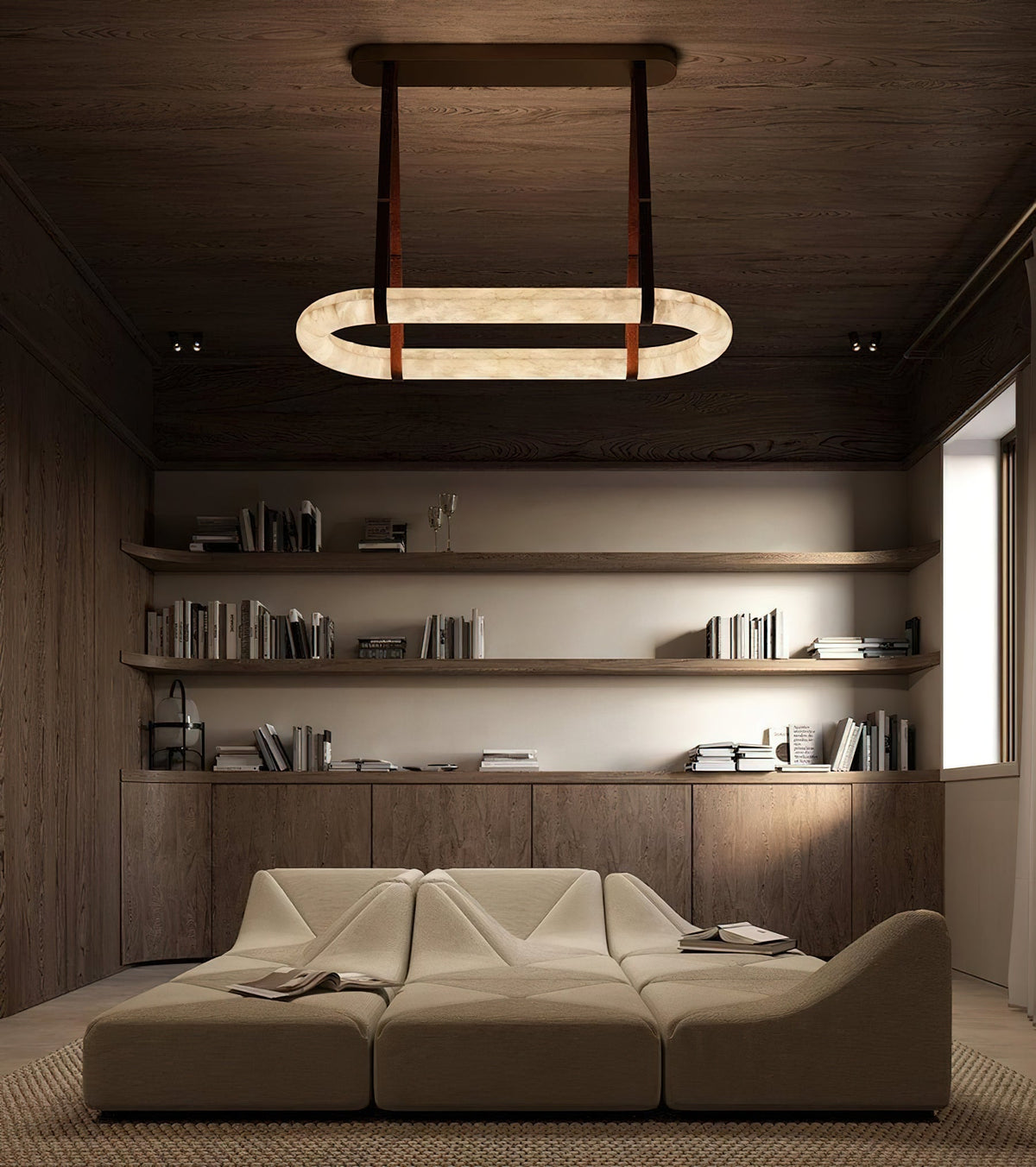 CUOIO Alabaster & Leather LED Linear Chandelier