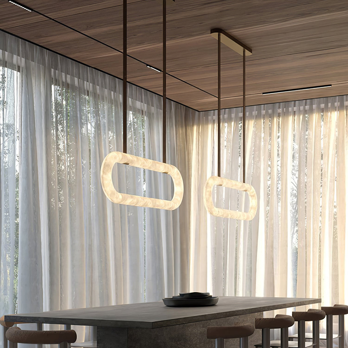 CUOIO Alabaster & Leather LED Linear Chandelier