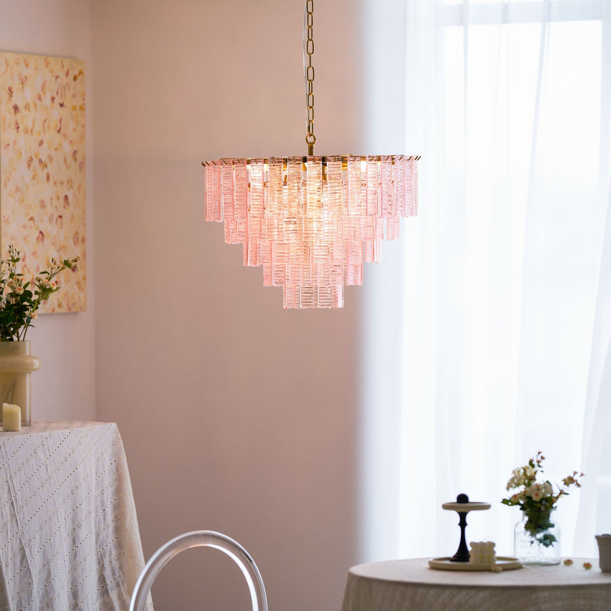 ROSATA Tiered Pink Glass Chandelier