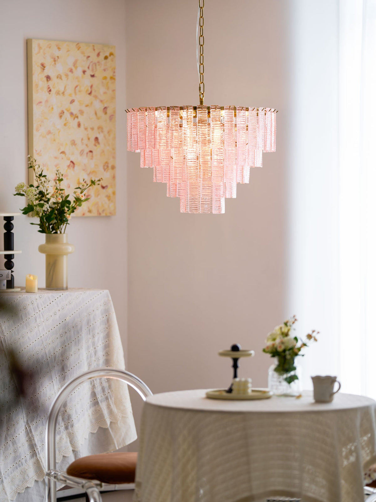 ROSATA Tiered Pink Glass Chandelier