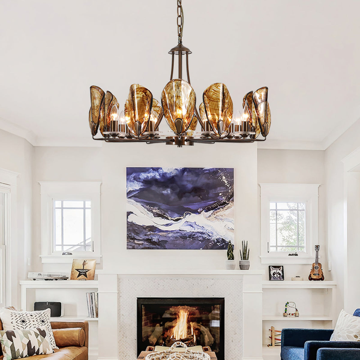 NAUTILO Bronze & Amber Glass Shell Chandelier