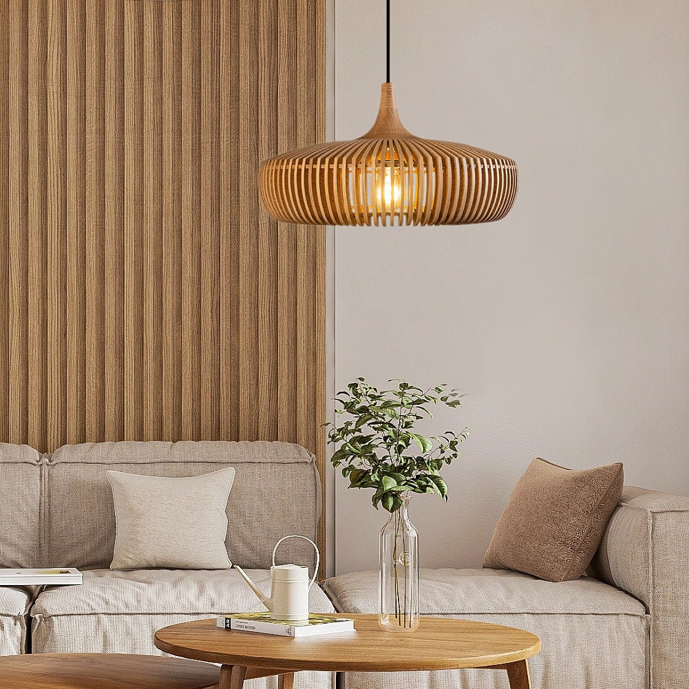 Handcrafted Natural Wood Fin Chandelier - Scandi Style Hanging Lamp