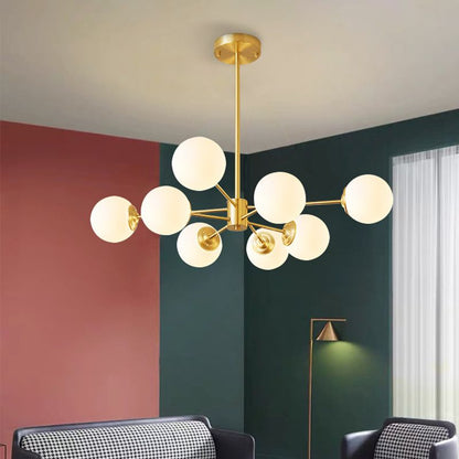 8-light Sputnik Gold Chandelier Brass Ceiling Light Opal Globe Molecular