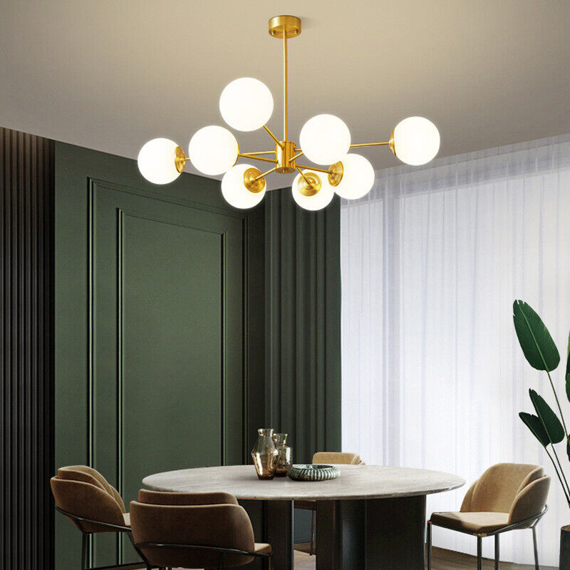 8-light Sputnik Gold Chandelier Brass Ceiling Light Opal Globe Molecular