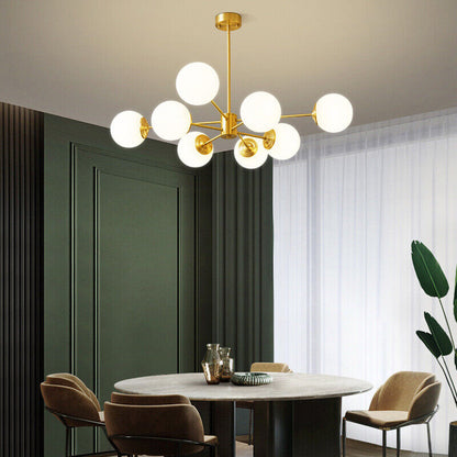 8-light Sputnik Gold Chandelier Brass Ceiling Light Opal Globe Molecular