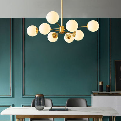 8-light Sputnik Gold Chandelier Brass Ceiling Light Opal Globe Molecular