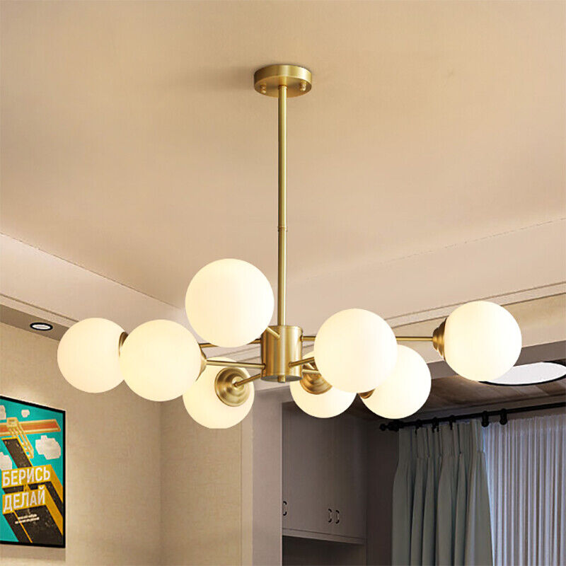 8-light Sputnik Gold Chandelier Brass Ceiling Light Opal Globe Molecular