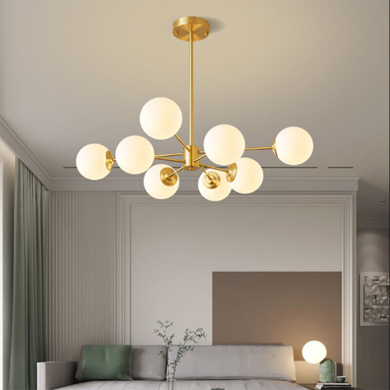 8-light Sputnik Gold Chandelier Brass Ceiling Light Opal Globe Molecular