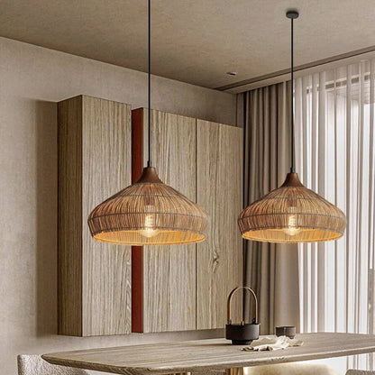 Wabi-sabi Retro Rattan Pendant Wicker Light Fixture Hand-Woven Coastal Boho Rayora Lamp