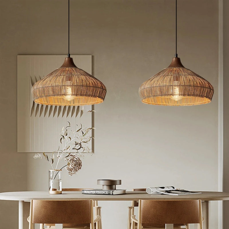 Wabi-sabi Retro Rattan Pendant Wicker Light Fixture Hand-Woven Coastal Boho Rayora Lamp