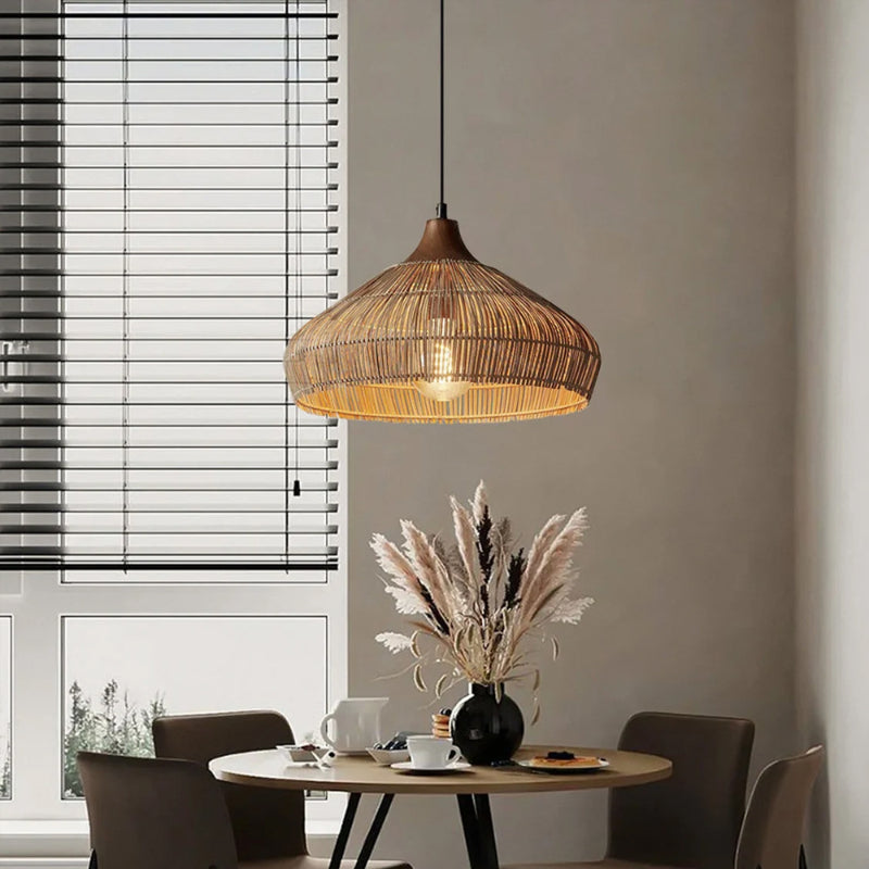 Wabi-sabi Retro Rattan Pendant Wicker Light Fixture Hand-Woven Coastal Boho Rayora Lamp
