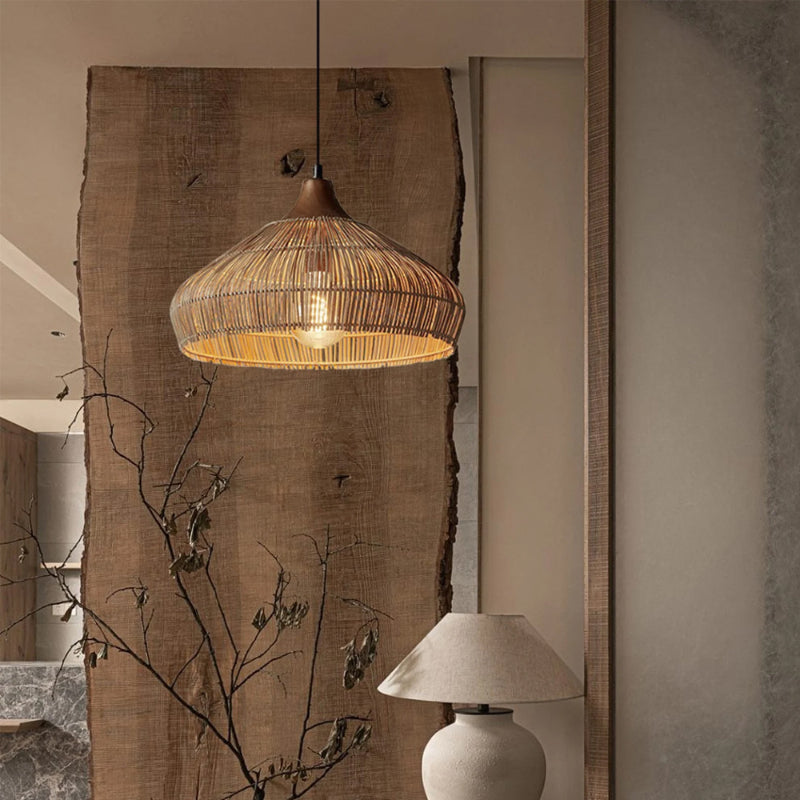 Wabi-sabi Retro Rattan Pendant Wicker Light Fixture Hand-Woven Coastal Boho Rayora Lamp