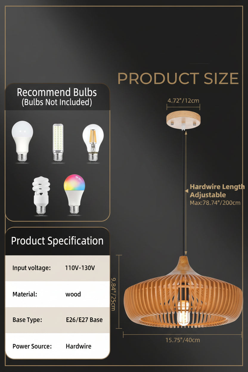 Handcrafted Natural Wood Fin Chandelier - Scandi Style Hanging Lamp