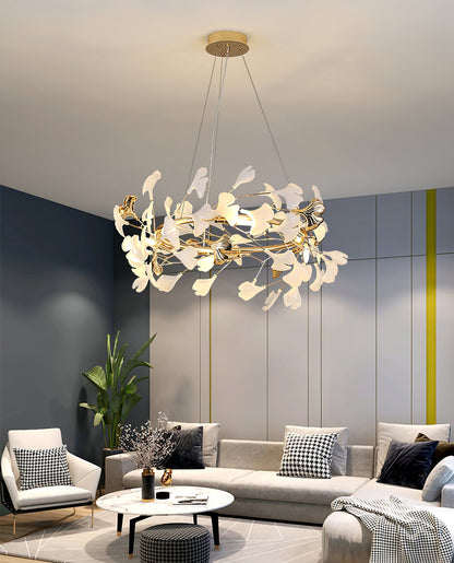 GINKA Gold & White Ginkgo Leaf Flush Mount Chandelier