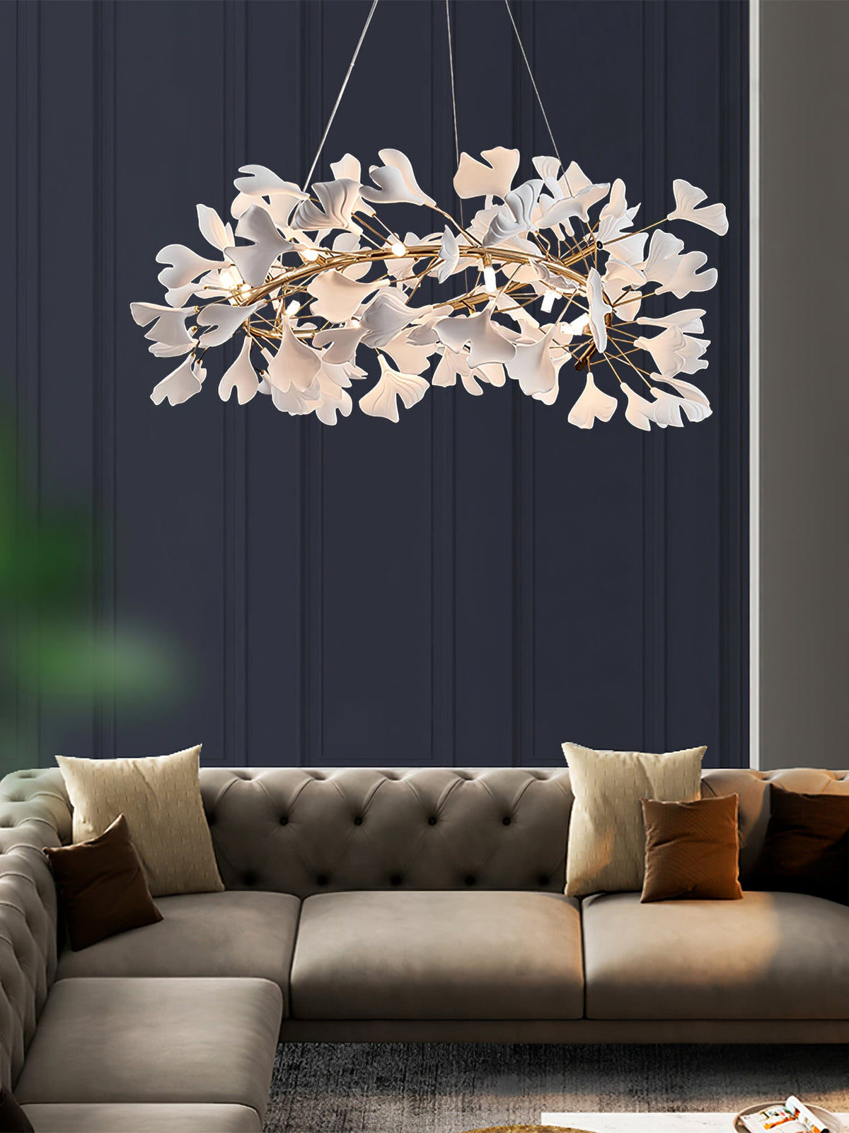 GINKA Gold & White Ginkgo Leaf Flush Mount Chandelier