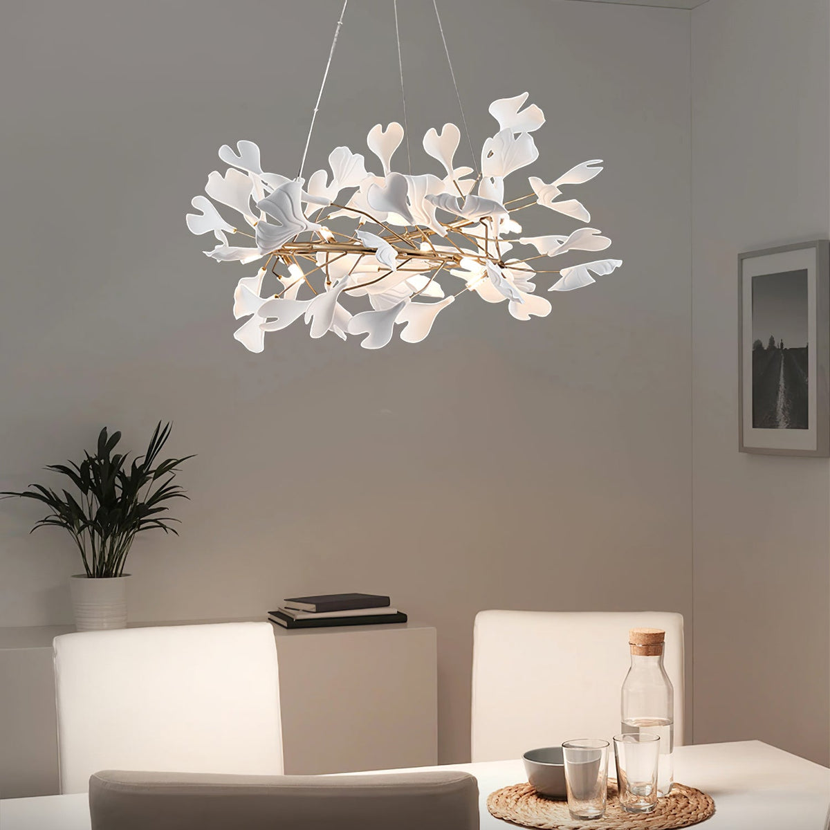 GINKA Gold & White Ginkgo Leaf Flush Mount Chandelier