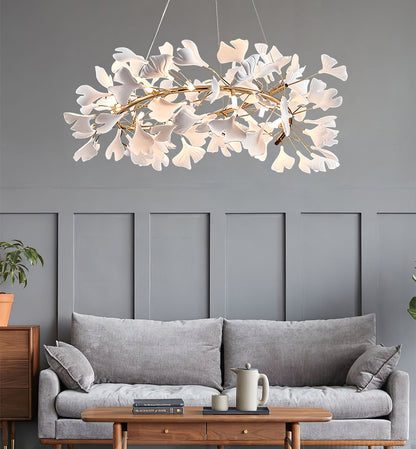 GINKA Gold & White Ginkgo Leaf Flush Mount Chandelier