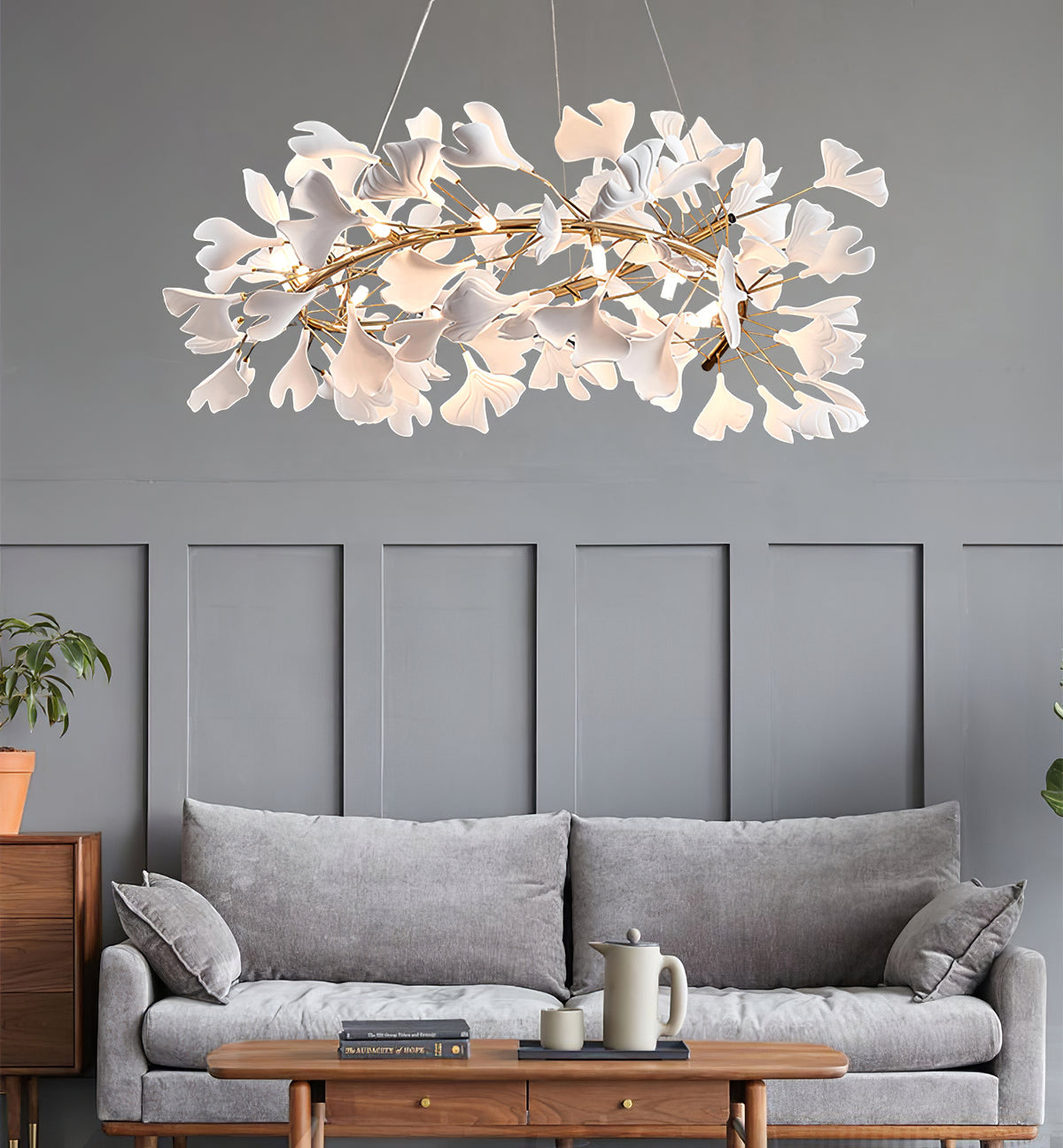 GINKA Gold & White Ginkgo Leaf Flush Mount Chandelier