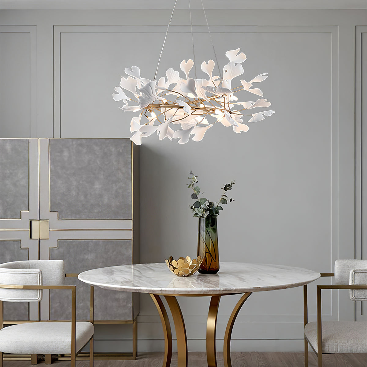 GINKA Gold & White Ginkgo Leaf Flush Mount Chandelier