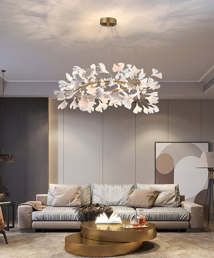 GINKA Gold & White Ginkgo Leaf Flush Mount Chandelier