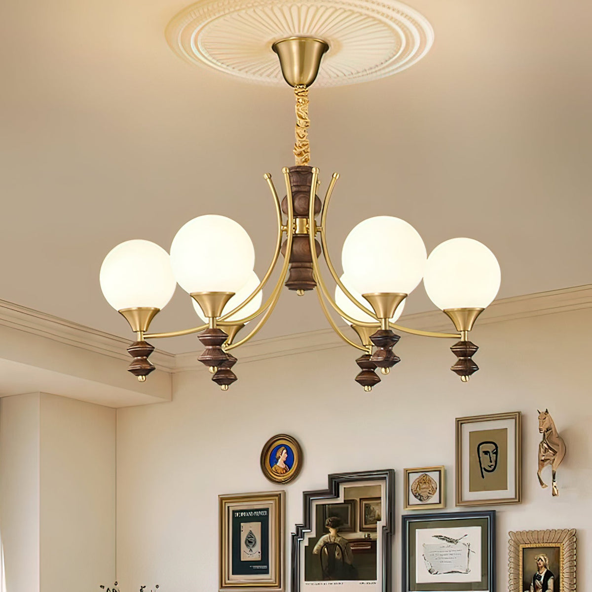 BOSCHETTO Walnut & Brass Globe Chandelier