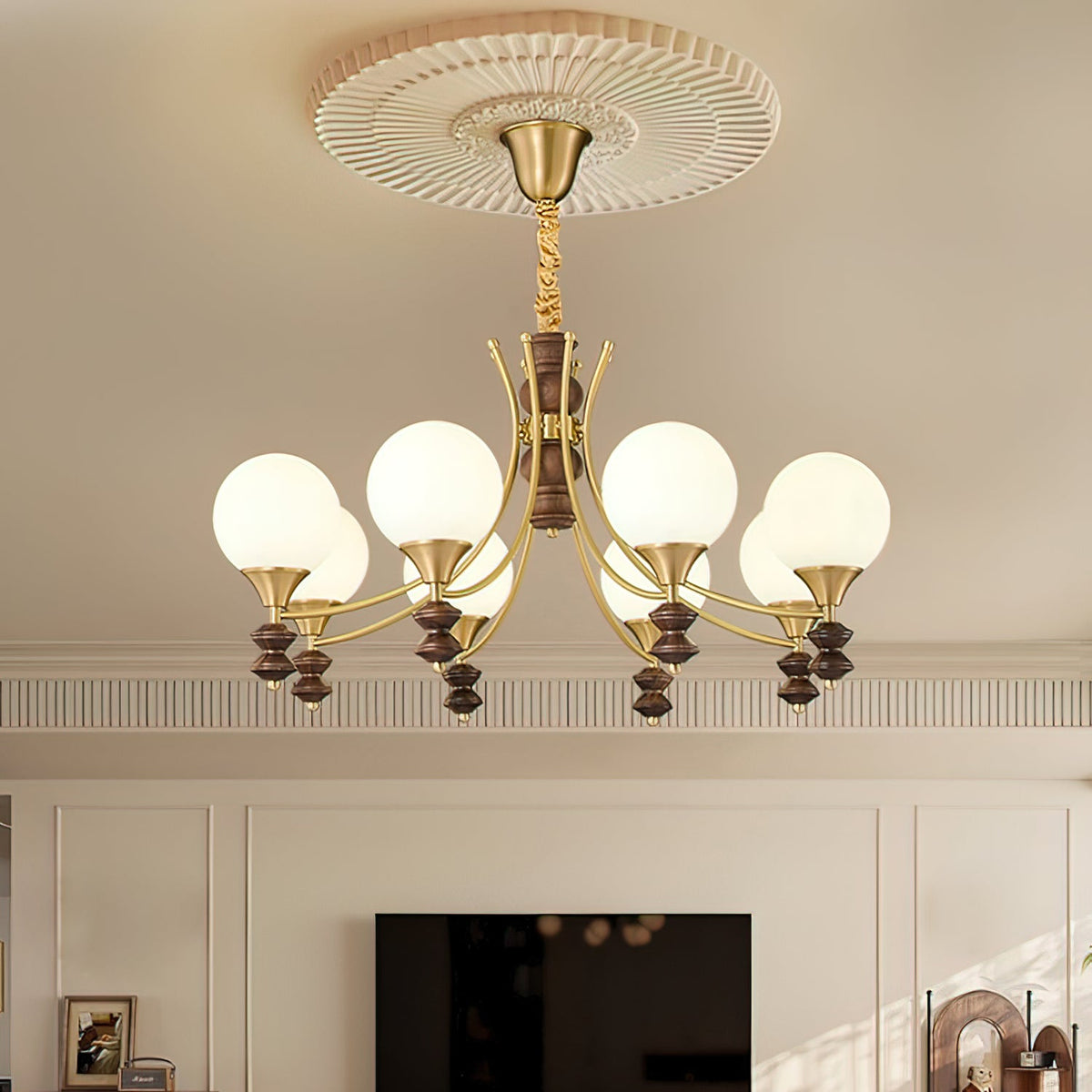 BOSCHETTO Walnut & Brass Globe Chandelier