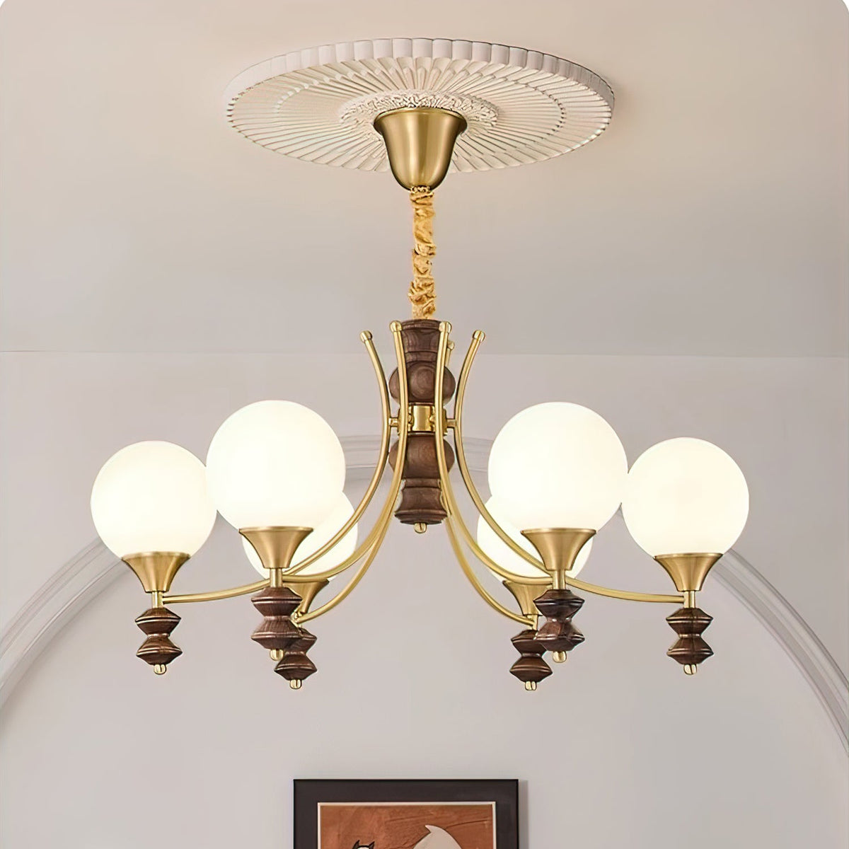 BOSCHETTO Walnut & Brass Globe Chandelier