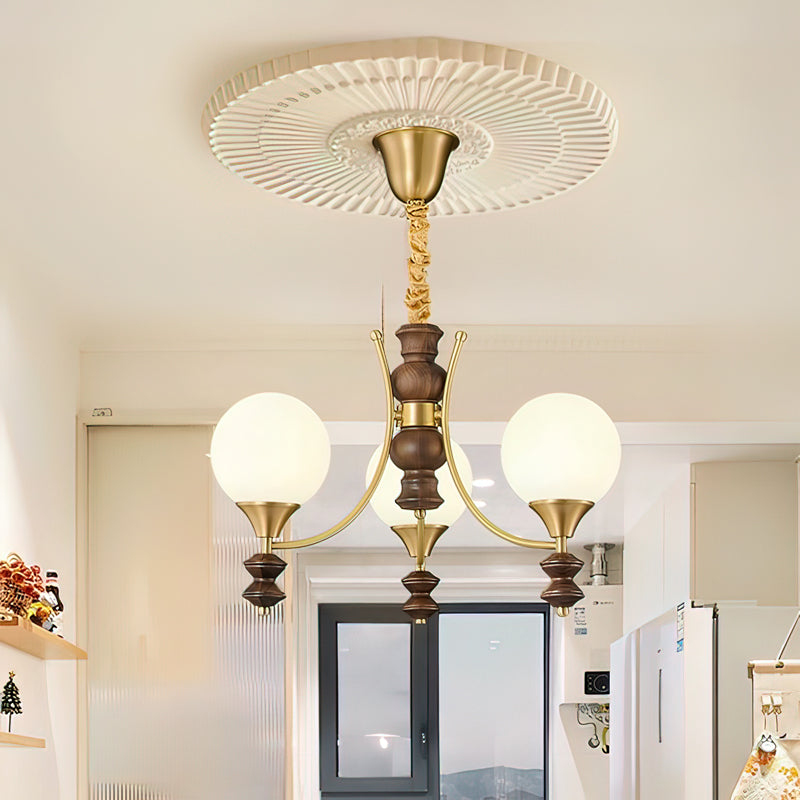 BOSCHETTO Walnut & Brass Globe Chandelier