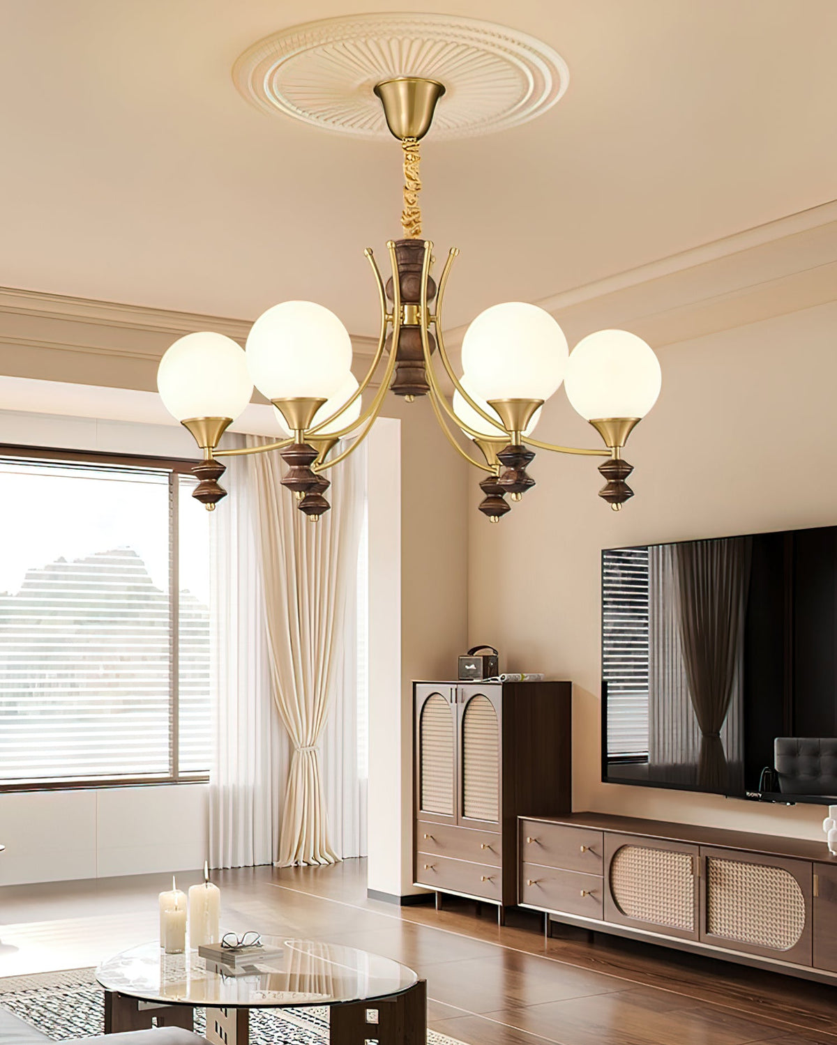 BOSCHETTO Walnut & Brass Globe Chandelier