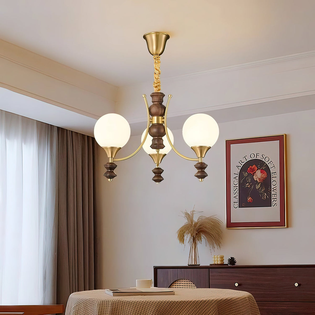 BOSCHETTO Walnut & Brass Globe Chandelier