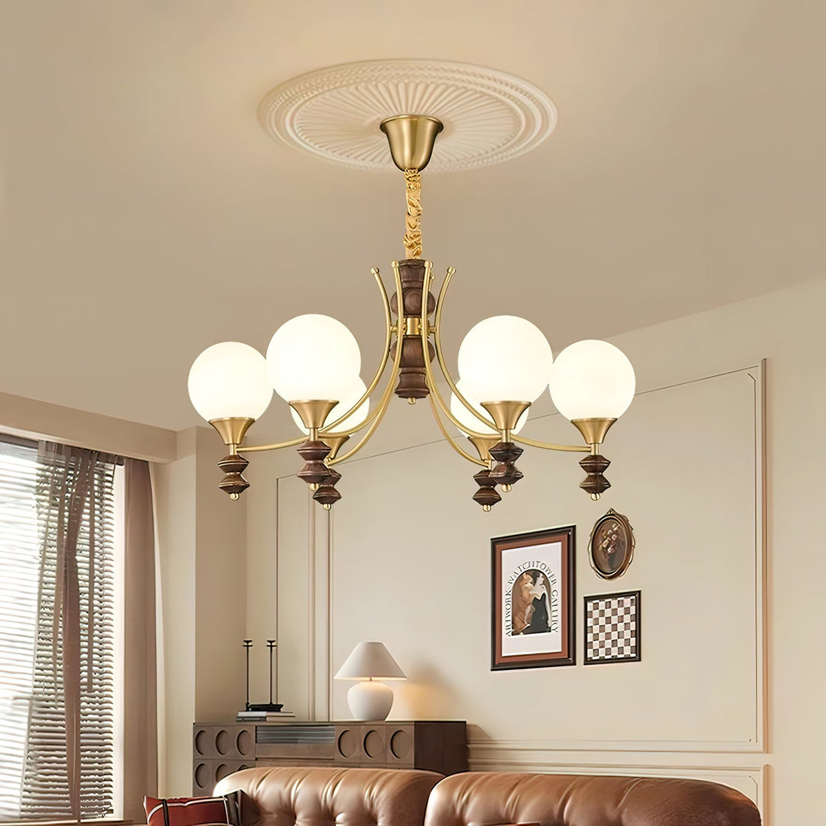 BOSCHETTO Walnut & Brass Globe Chandelier