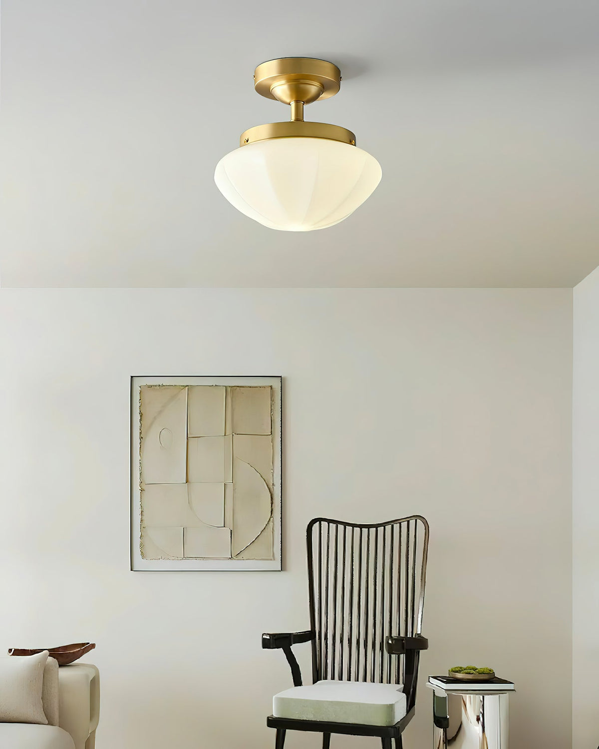 OPALINE Brass & Milk Glass Ceiling Light