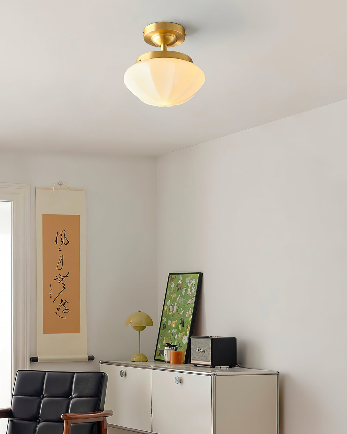 OPALINE Brass & Milk Glass Ceiling Light