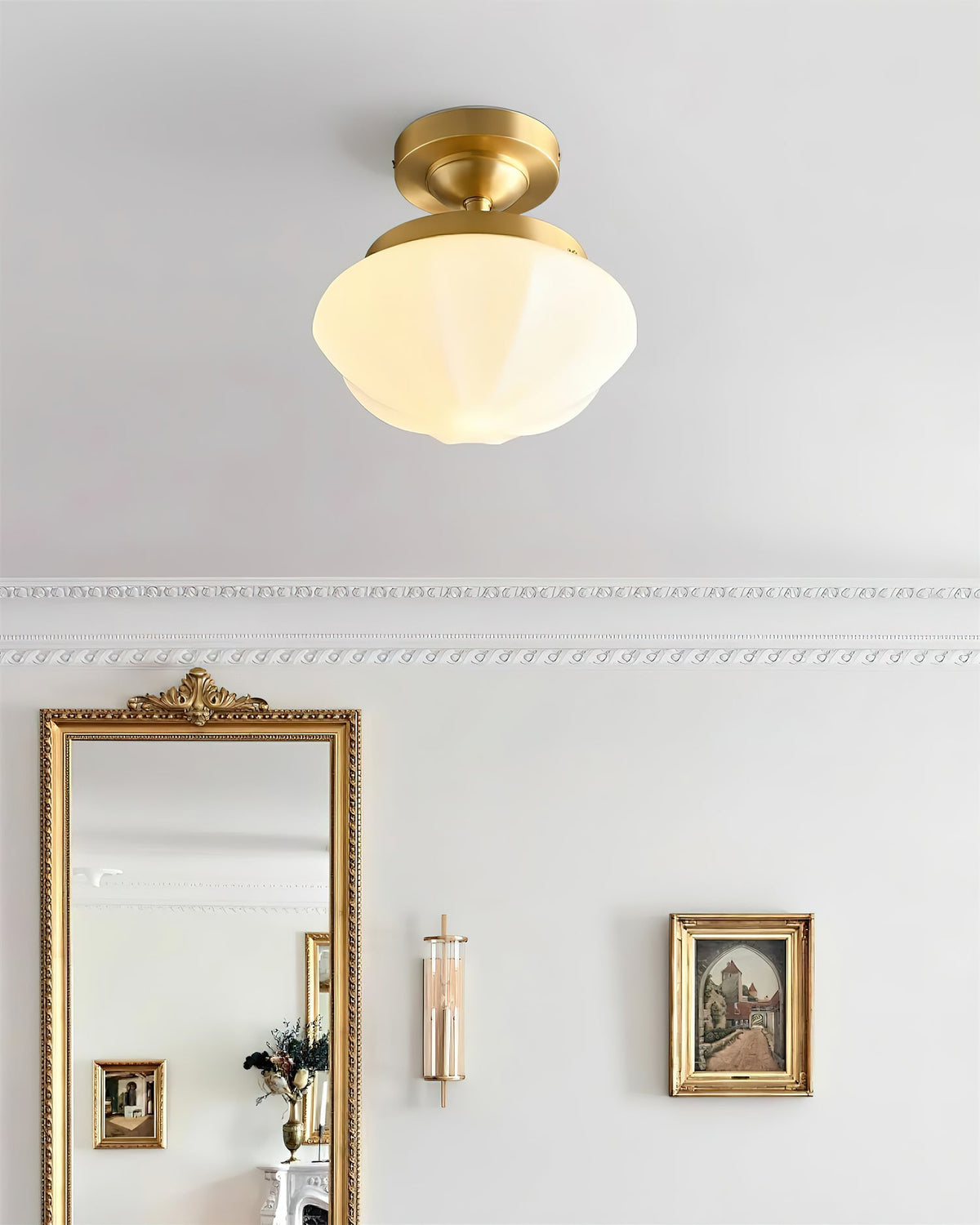 OPALINE Brass & Milk Glass Ceiling Light