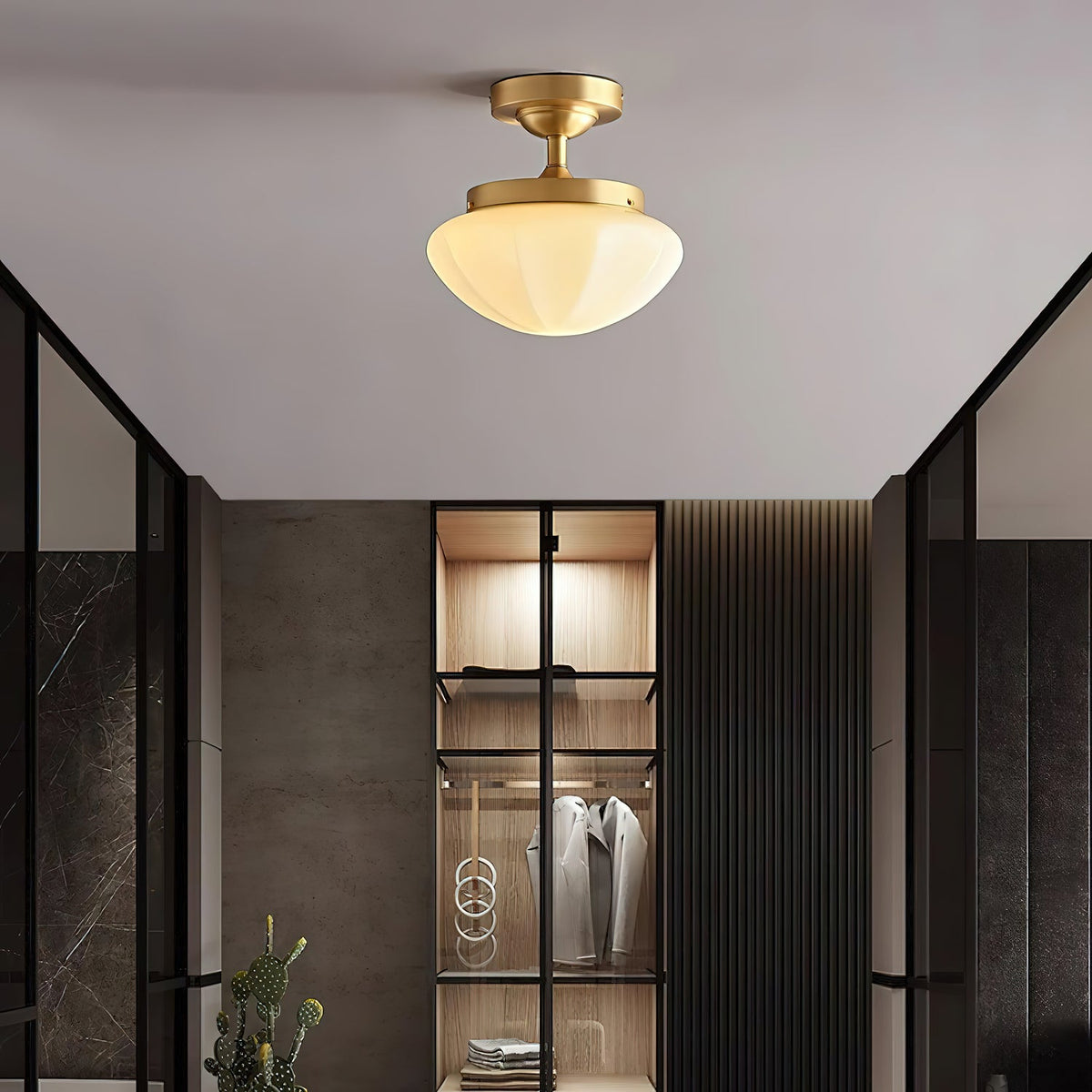 OPALINE Brass & Milk Glass Ceiling Light