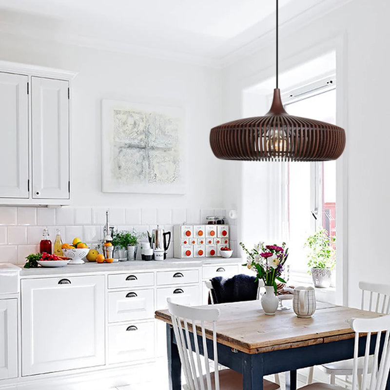 Handcrafted Natural Wood Fin Chandelier - Scandi Style Hanging Lamp