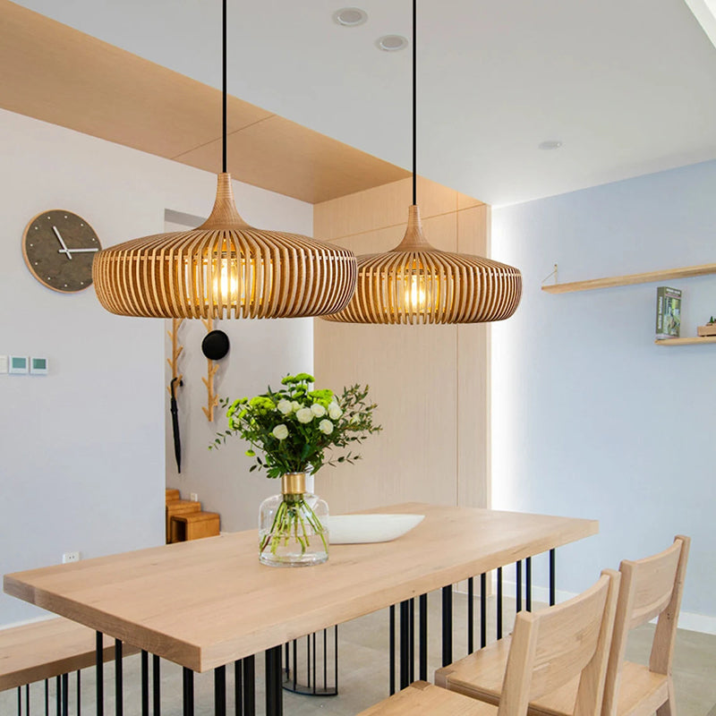 Handcrafted Natural Wood Fin Chandelier - Scandi Style Hanging Lamp