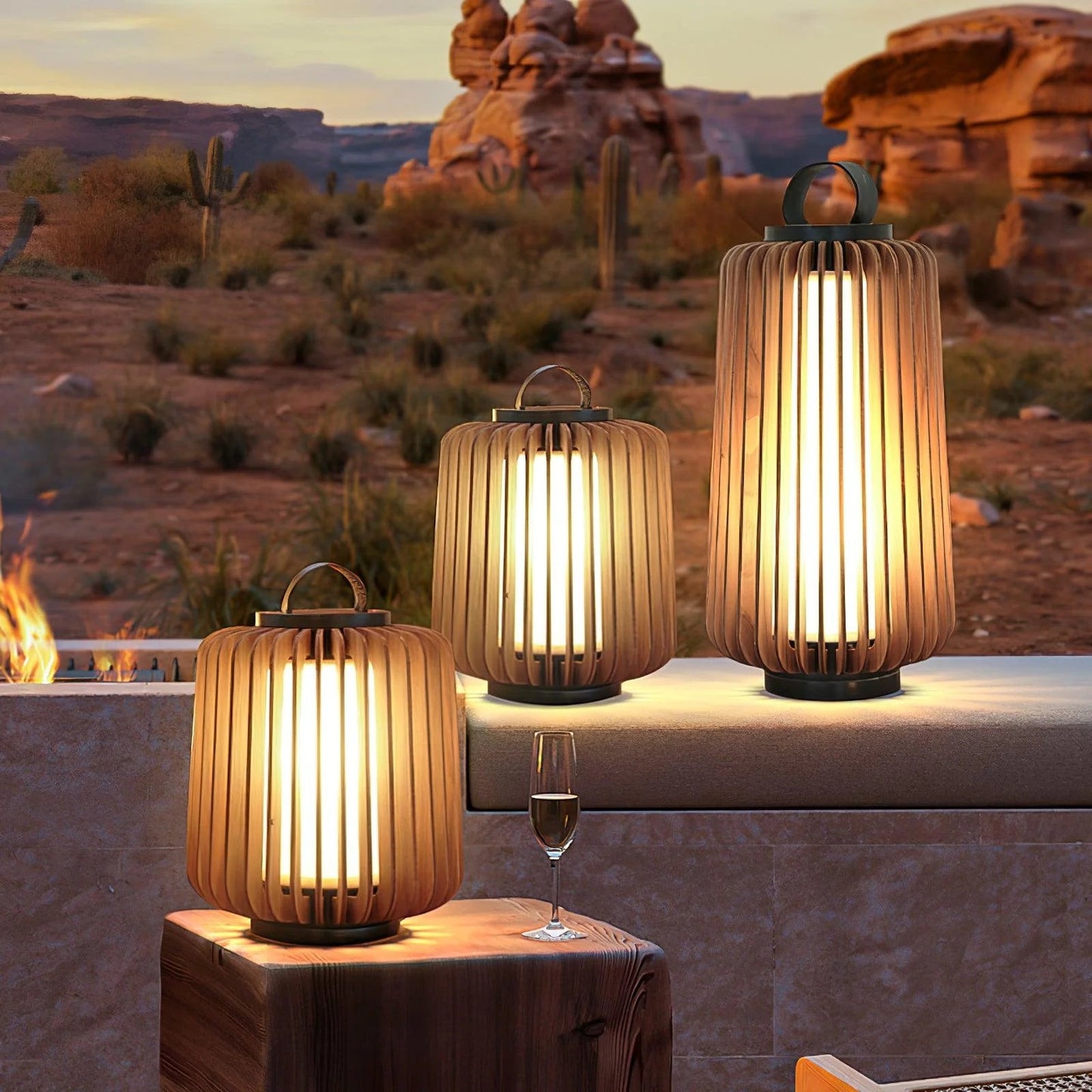 Nordic Teak Outdoor Lantern Rechargeable Light