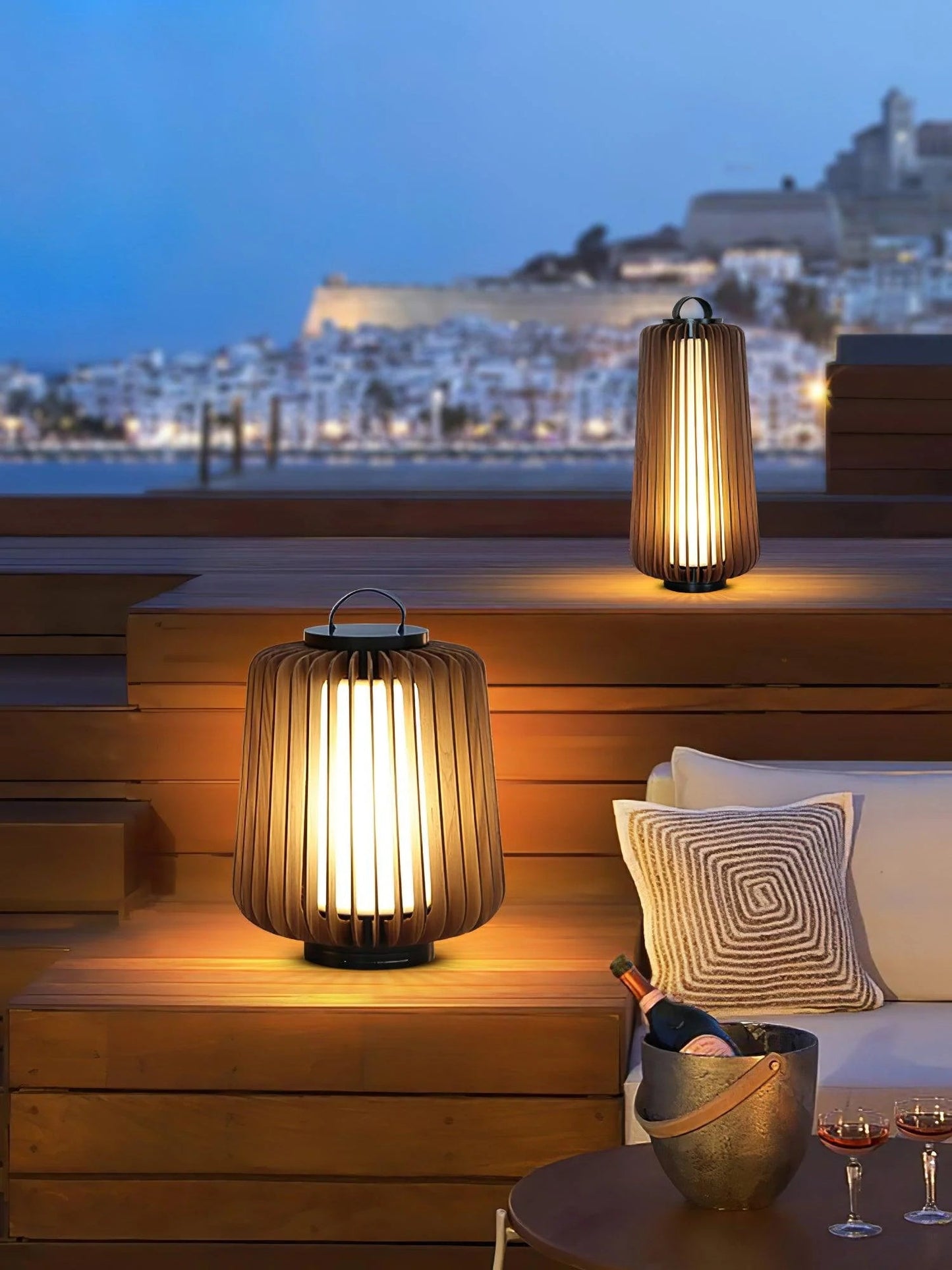 Nordic Teak Outdoor Lantern Rechargeable Light
